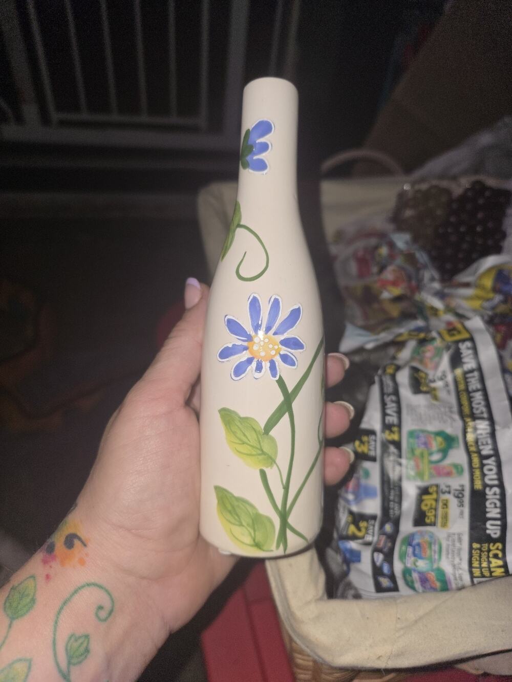 Vintage Hand Painted Ceramic Bud Vase - Blue Floral Aster - 7" White Vase